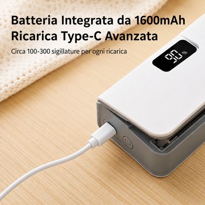 Batteria integrata da 1600 mAh con ricarica Type-C: circa 100-300 sigillature per ricarica